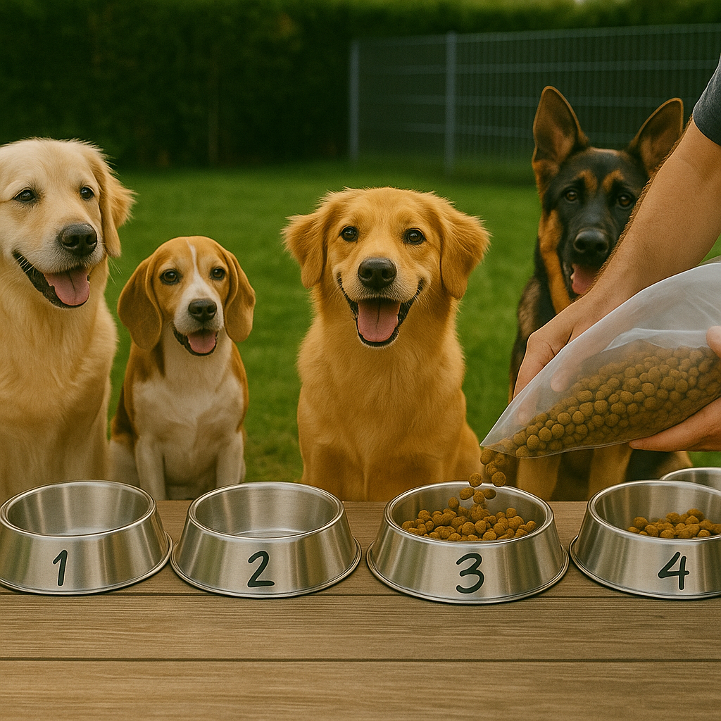 4 Hunde erhalten ihr Futter in nummerierten Näpfen.